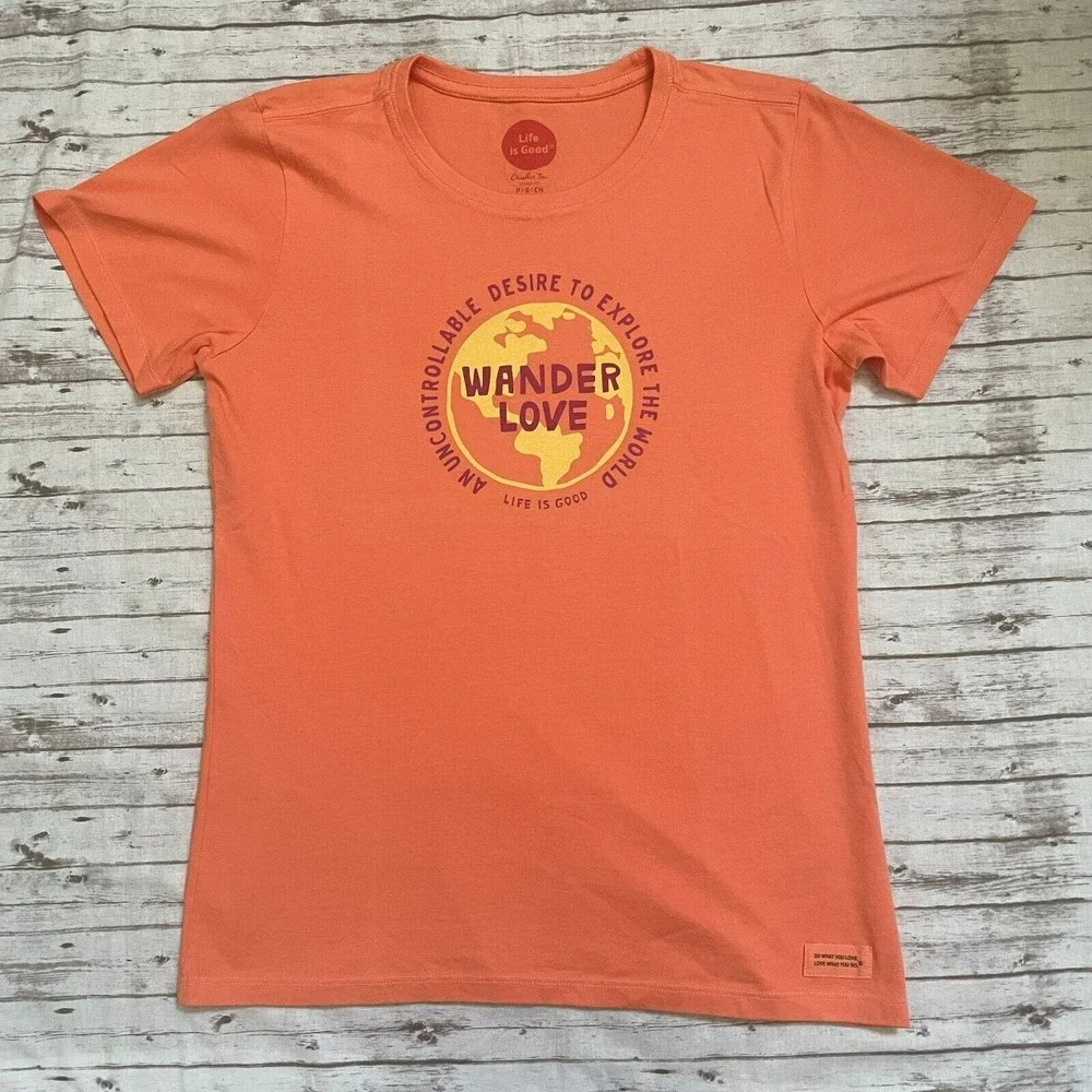 LIFE IS GOOD Womens  "WANDER LOVE" Orange Crusher Classic Fit Tee T-SHIRT Size S